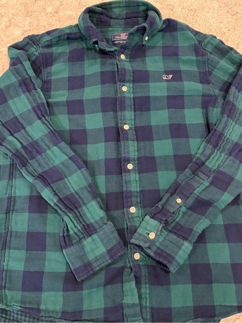 Vineyard Vines Green & Navy Plaid Button-Down Flannel Whale Shirt-Medium